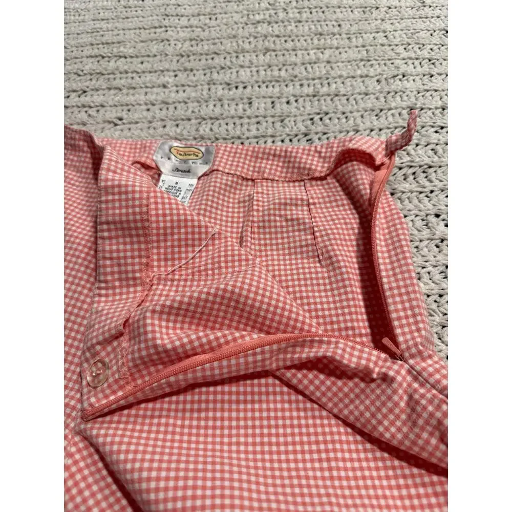 VTG Talbots Stretch Crop Pants Plaid Embroidered Flowers Womens 8P Coral White